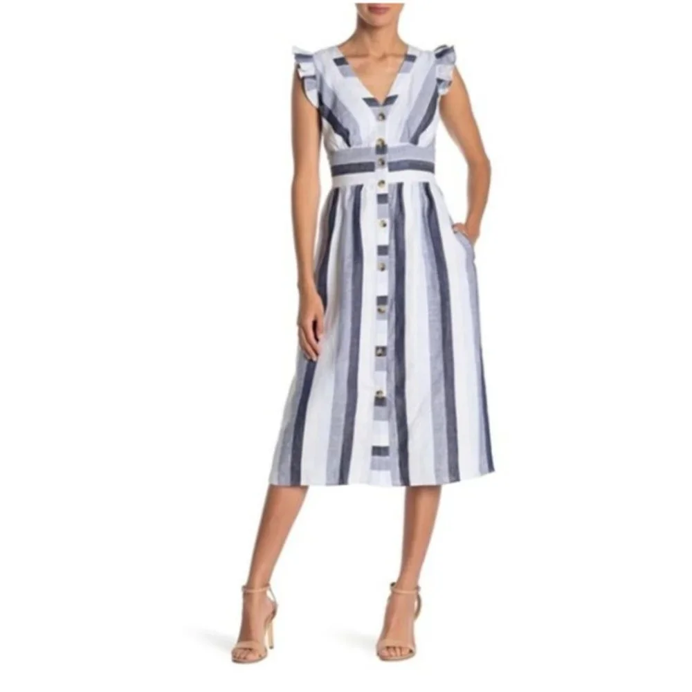 J. Crew Point Sur Linen Striped A-line Dress SZ 00P Blue White Spring Summer - Picture 1 of 10